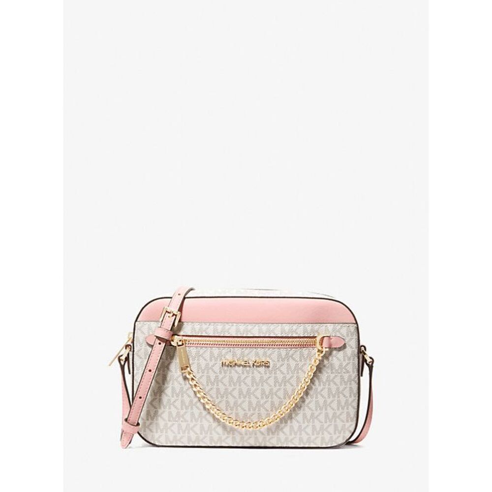 Michael Kors Pink White Logo Jet Set East West Zip Chain Crossbody Bag - Picture 2 of 7